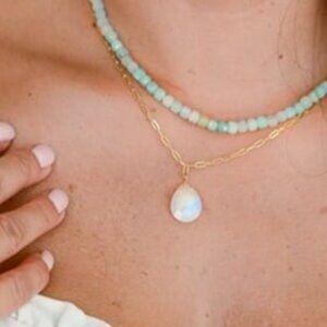 Rainbow Moonstone Pendant Necklace BEAUTIFUL Layering Necklace Gold WATERPROOF